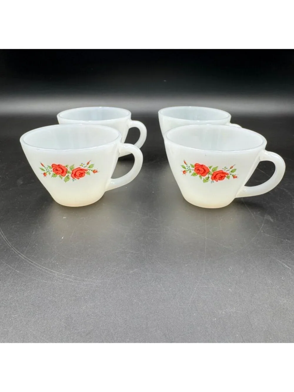 Anchor Hocking Fire-King Milk Glass Teacups W/ Red Rose Pattern Set Of 4 Vintage